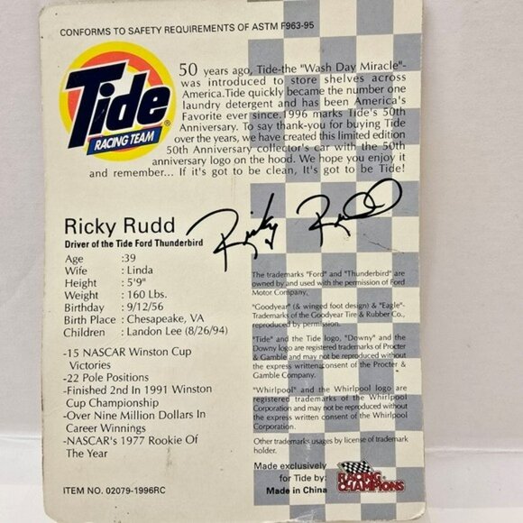 Vintage 1996 Nascar 1:64 Die Cast Racecar Tide Ricky Rudd Car Racing Champions - Picture 8 of 15